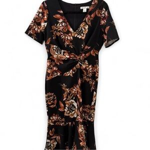 London Times Black and Brown Floral Midi Dress